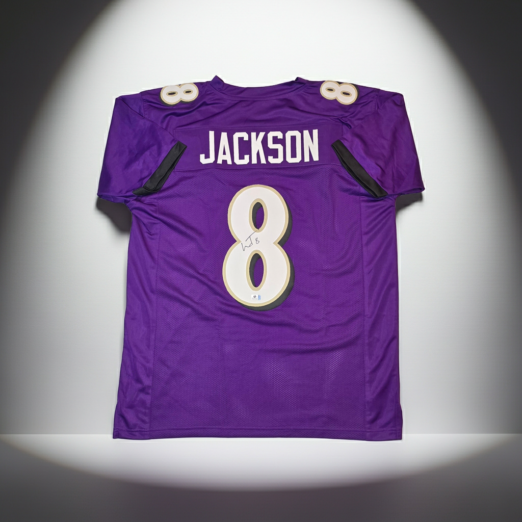 Lamar Jackson Baltimore Ravens signed custom football jersey, Global Authentics COA 974701 main photograph