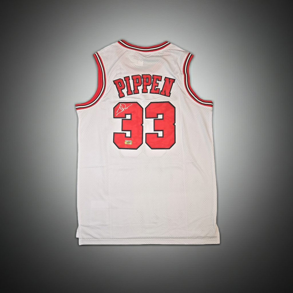 Scottie Pippen Chicago Bulls autographed basketball jersey with COA, main product photograph, separate listing