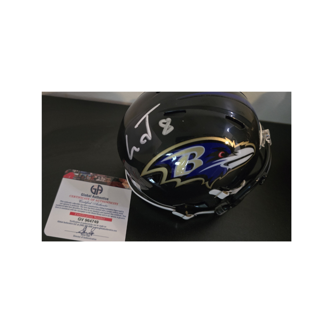 Lamar Jackson Baltimore Ravens Autographed Riddell Mini Helmet With COA - Fan Freaks