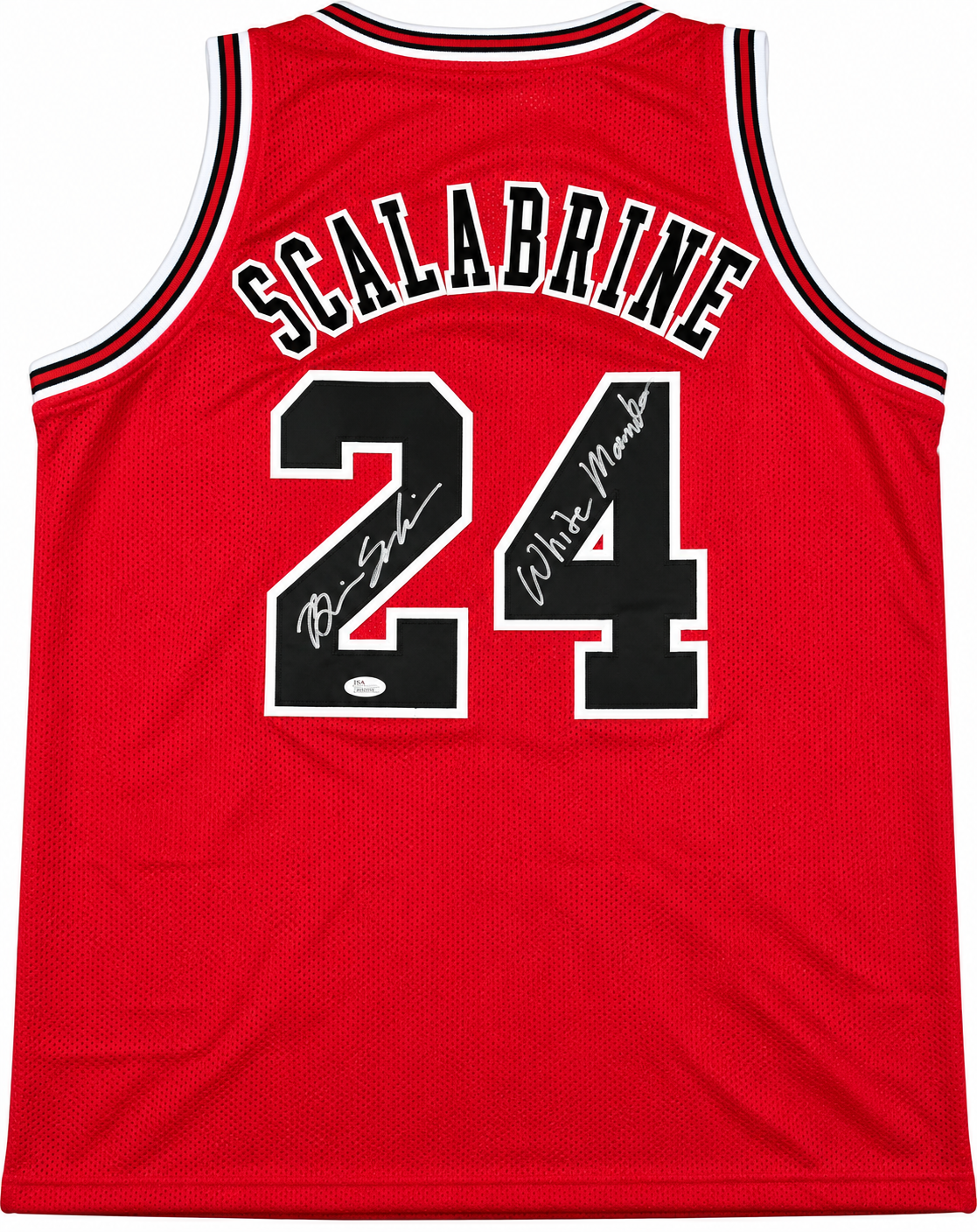 Back of Brian Scalabrine signed red Chicago Bulls number 24 jersey with White Mamba inscription and JSA Witnessed hologram