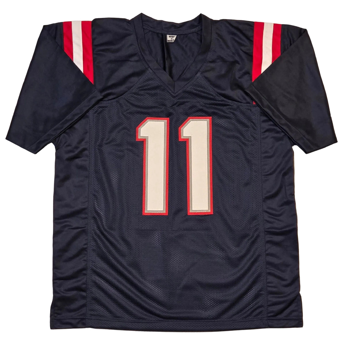 Front view of Julian Edelman New England Patriots autographed football jersey with COA