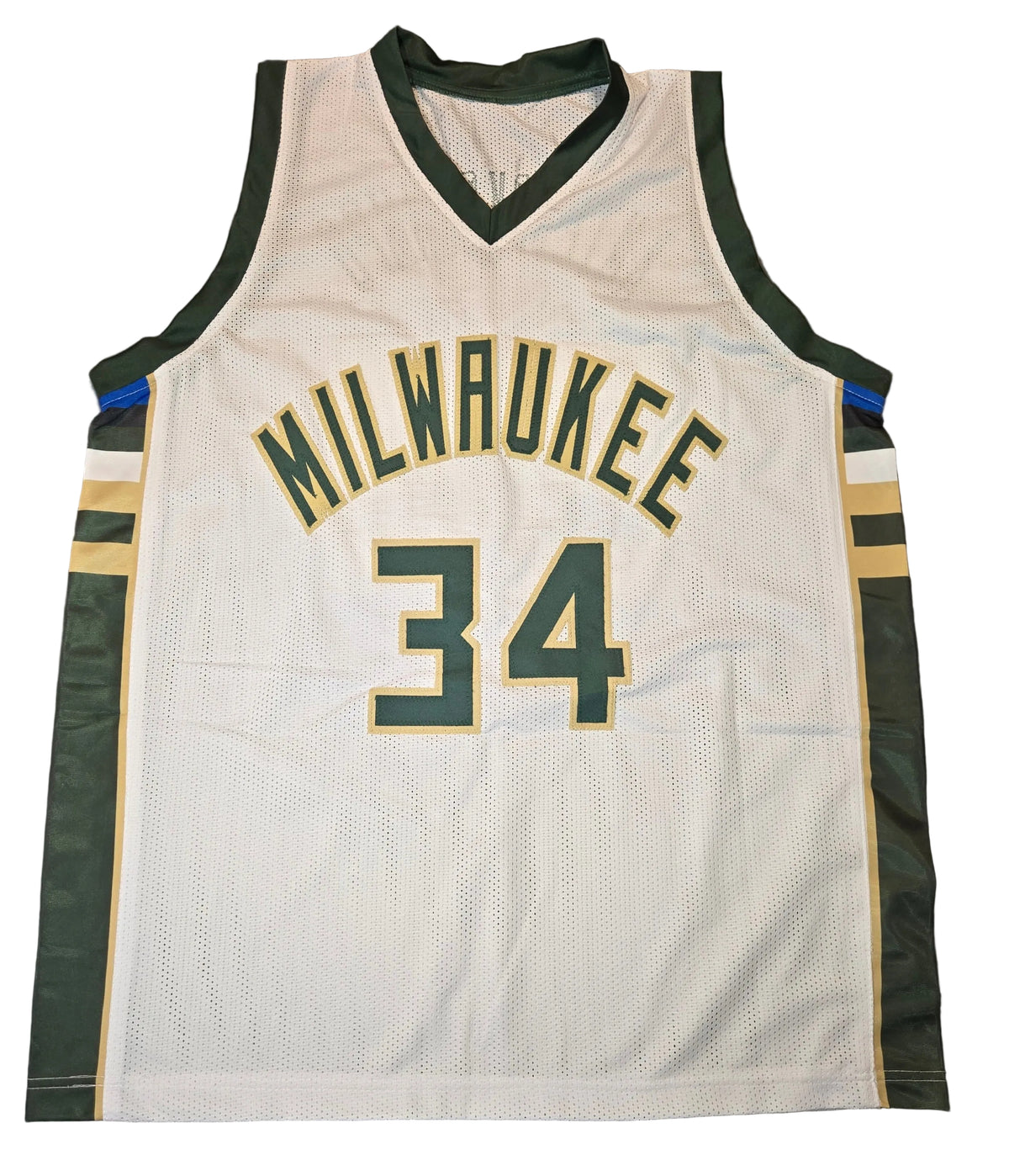 Front view of Giannis Antetokounmpo Milwaukee Bucks autographed basketball jersey with COA