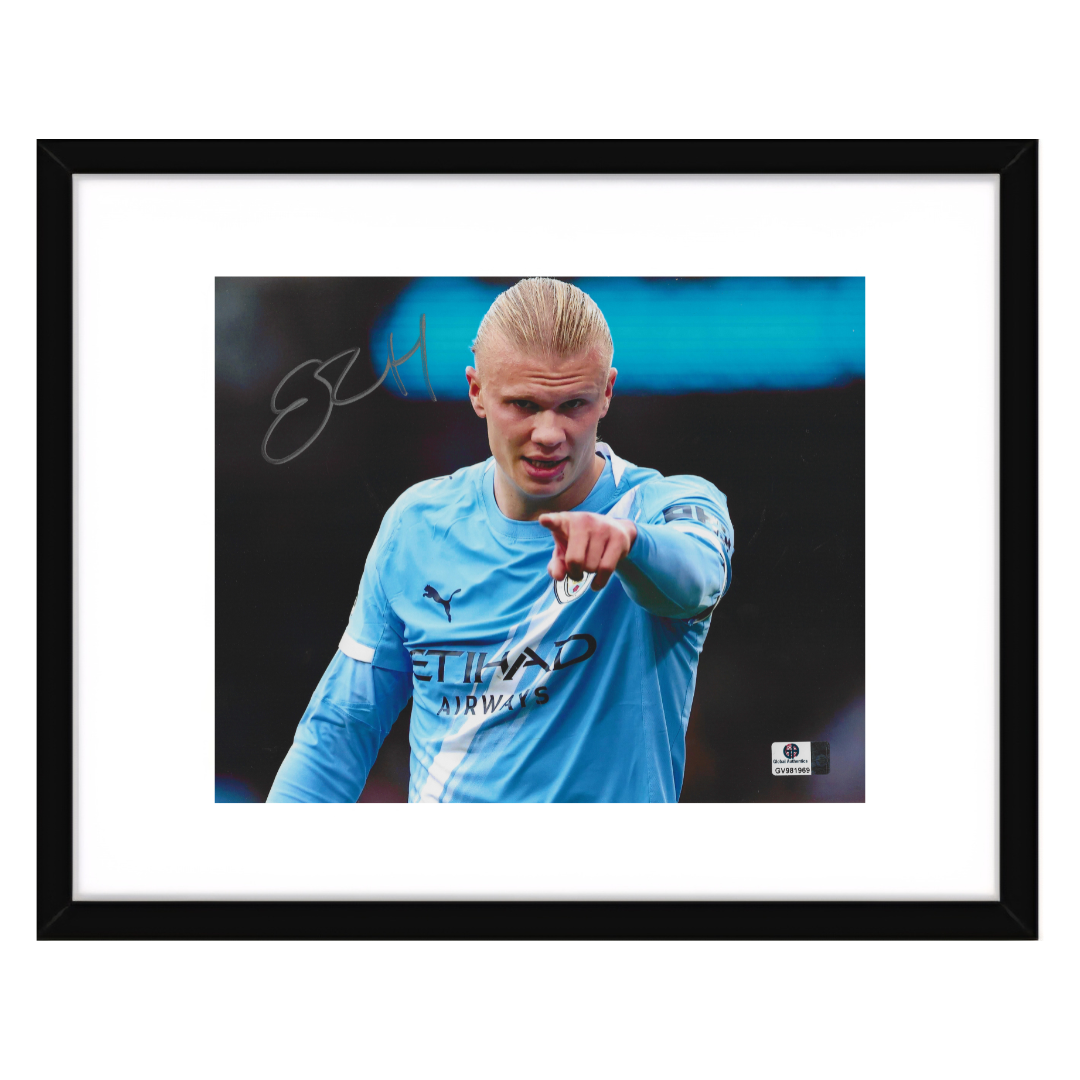Erling Haaland Manchester City autographed 8x10 photograph displayed in frame with COA