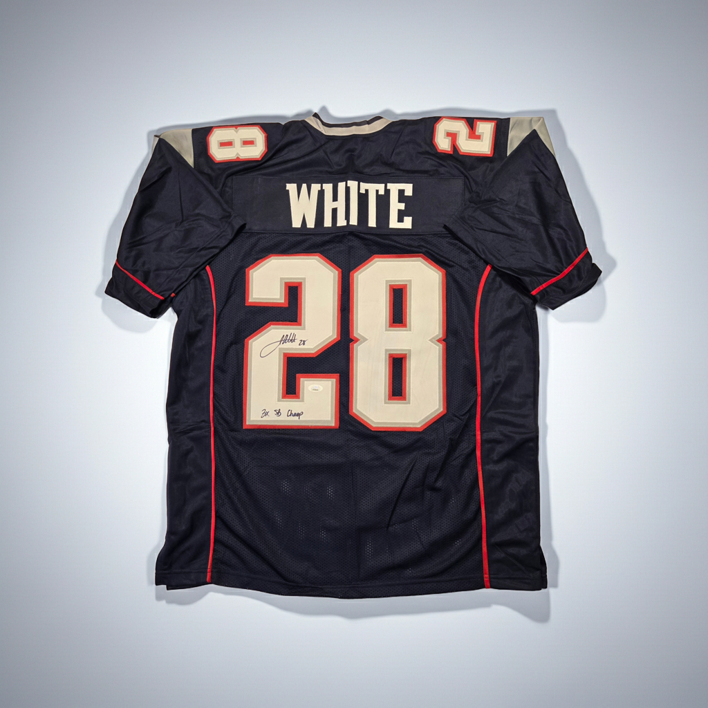 James White New England Patriots autographed football jersey with JSA COA, primary product photograph