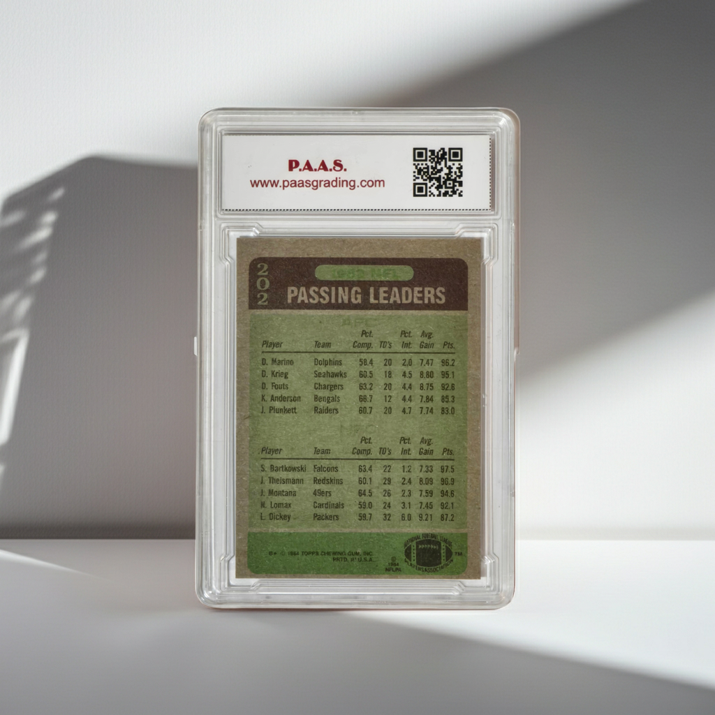 Dan Marino Steve Bartkowski 1984 Topps Passing Leaders #202 graded PAAS Mint 9