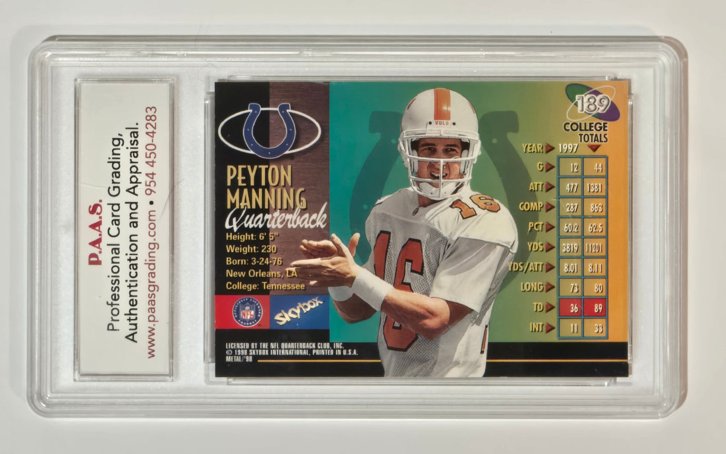 Peyton Manning Tennessee 1998 Fleer Metal Universe ROOKIE #189 graded PAAS Mint 9
