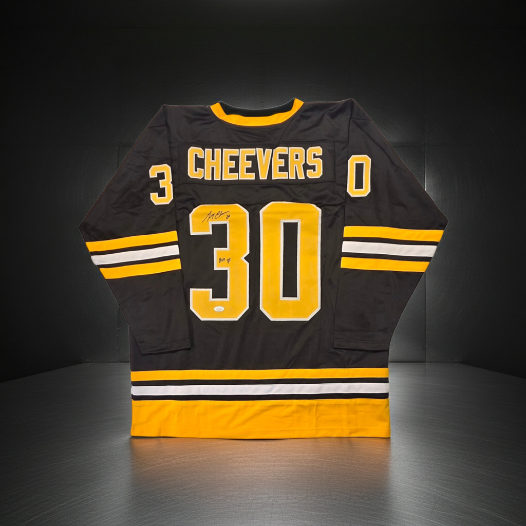 Gerry Cheevers Boston Bruins autographed black hockey jersey with JSA COA
