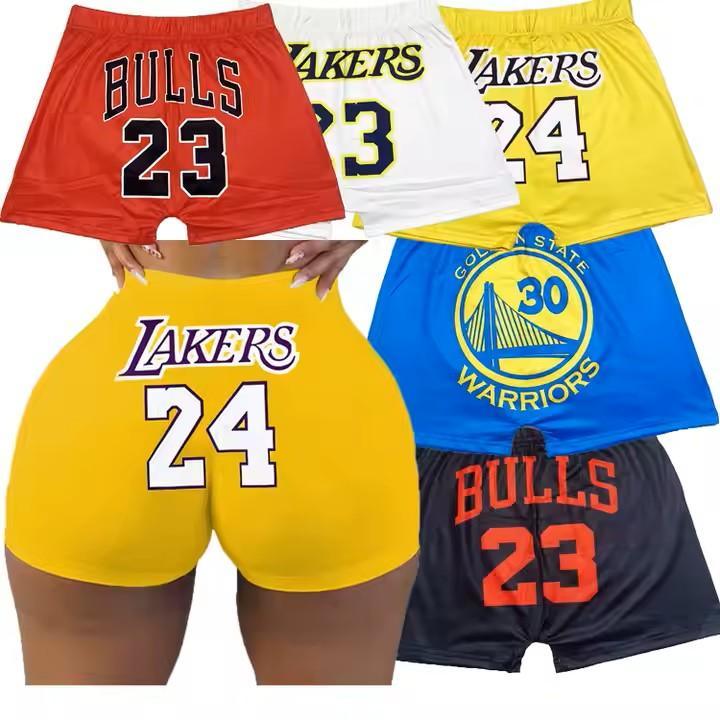 Assorted women's NBA fan shorts featuring Bulls 23, Lakers 24 and 23, Warriors 30 logos.