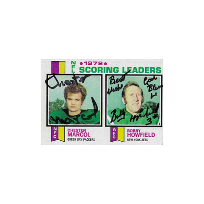 Chester Marcol and Bobby Howfield autographed 1973 Topps Scoring Leaders number 4 football card, first photograph