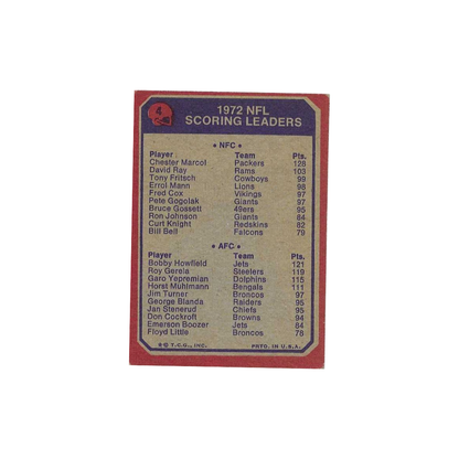 Chester Marcol and Bobby Howfield signed 1973 Topps Scoring Leaders number 4 football card, second photograph