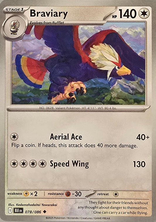 Braviary Pokémon card, numbered 078/086 from Black Bolt