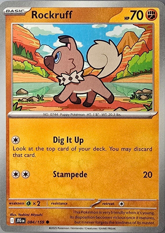 2025 Pokémon TCG Rockruff common card #084/159 from the Journey Together set.