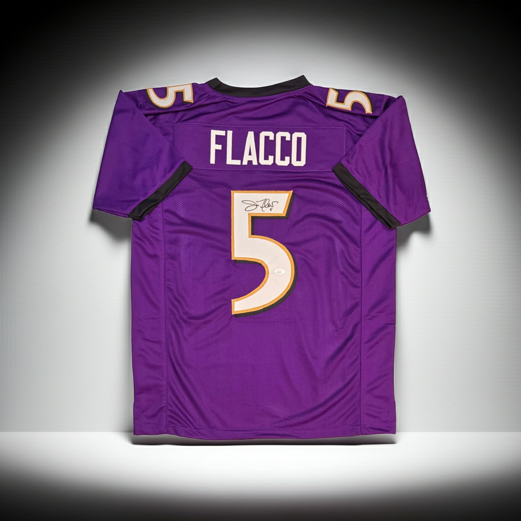 Joe Flacco of the Baltimore Ravens autographed football jersey JSA COA (XL)