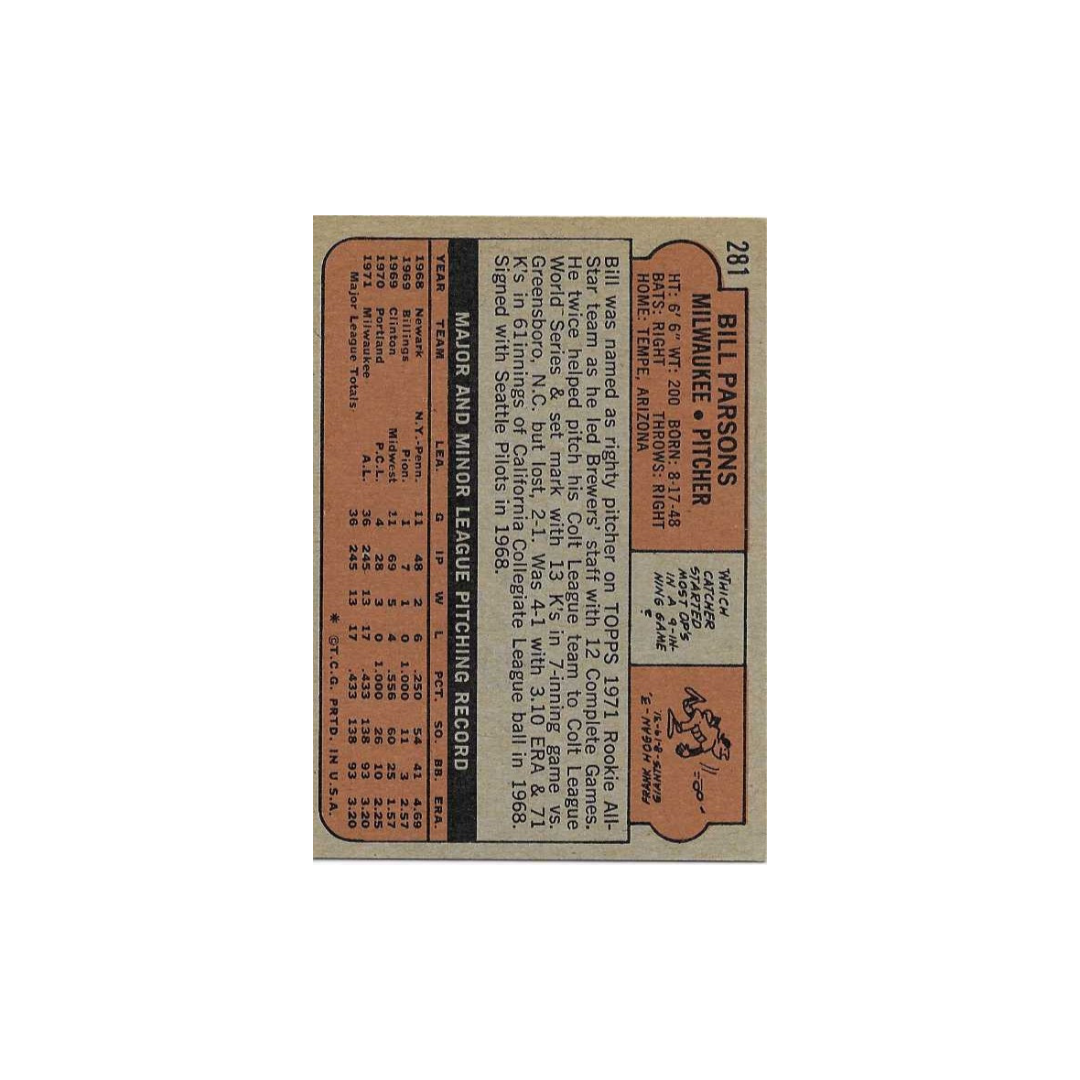 1972 TOPPS BILL PARSONS ROOKIE #281 SIGNED AUTO CARD - Fan Freaks