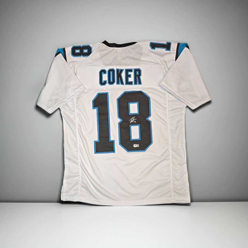 Jalen Coker Carolina Panthers Signed White Football Jersey Beckett Holo
