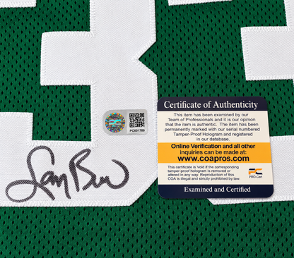 Close-up of Larry Bird autograph on green number 33 jersey with PRO-Cert certificate and hologram PC601789