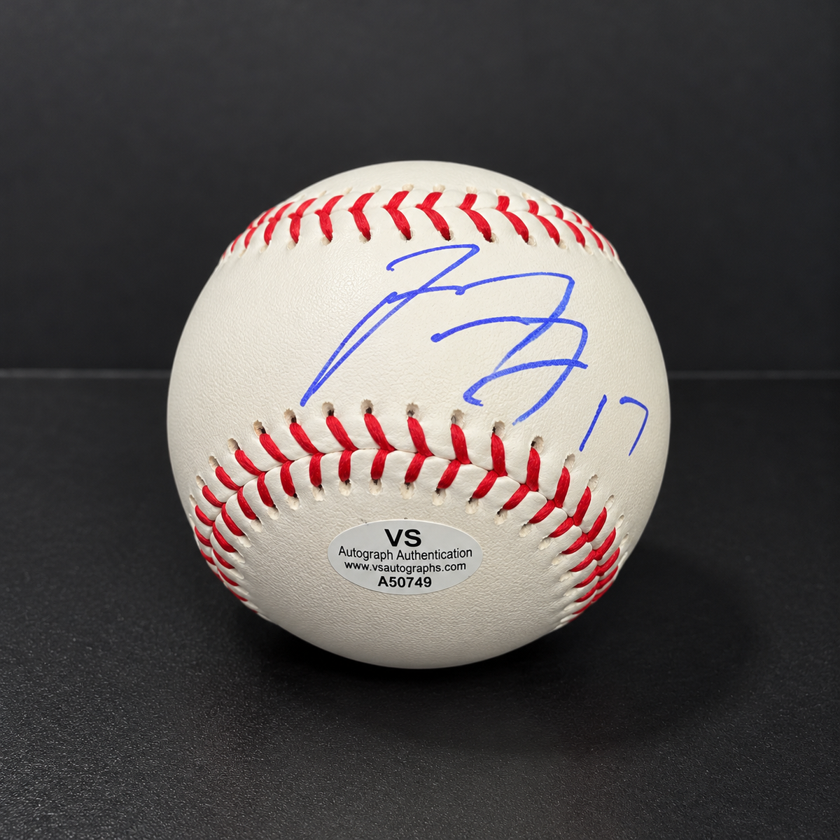 Shohei Ohtani autographed Rawlings baseball with blue-purple signature and number 17, VS Autographs authentication sticker A50749