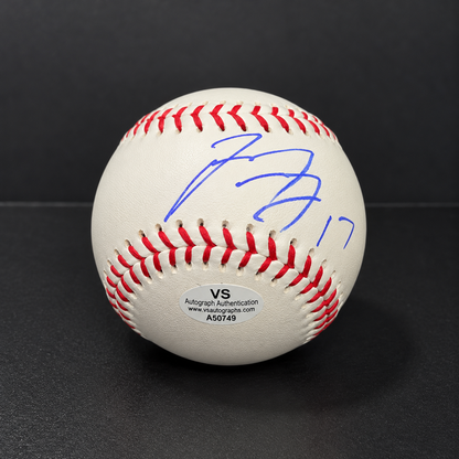 Shohei Ohtani autographed Rawlings baseball with blue-purple signature and number 17, VS Autographs authentication sticker A50749