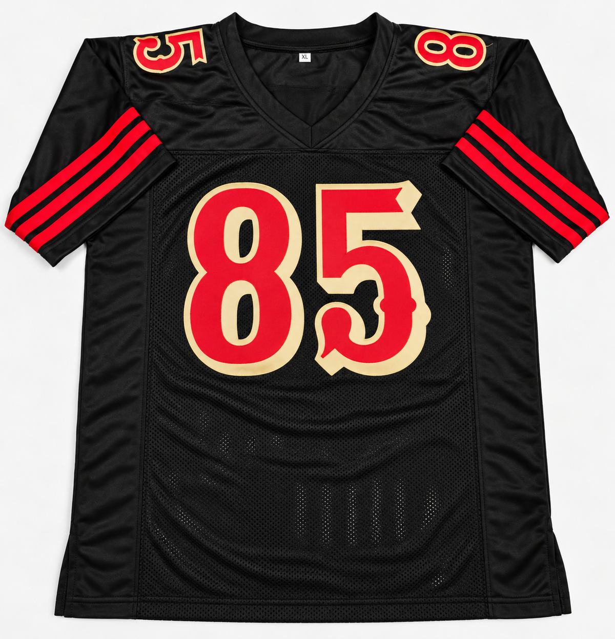 Front of George Kittle black San Francisco 49ers-style number 85 football jersey with red sleeve stripes