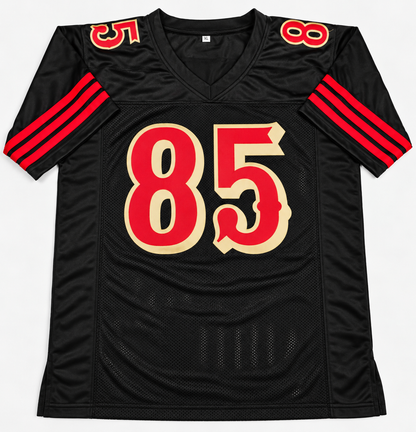 Front of George Kittle black San Francisco 49ers-style number 85 football jersey with red sleeve stripes