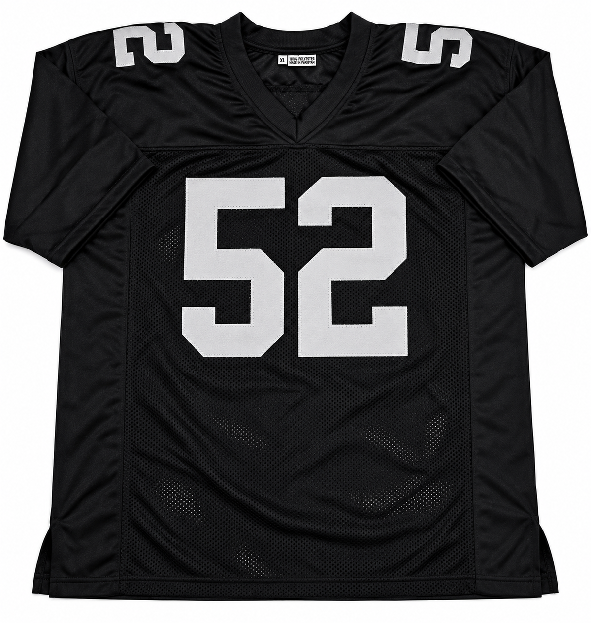 Front of Denzel Perryman black Raiders-style number 52 football jersey with gray numbers, size XL
