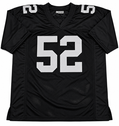 Front of Denzel Perryman black Raiders-style number 52 football jersey with gray numbers, size XL