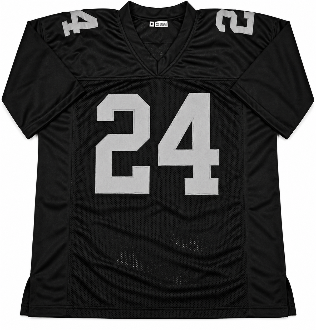 Front of black Johnathan Abram Raiders-style football jersey with silver-gray number 24 and shoulder numbers, size XL