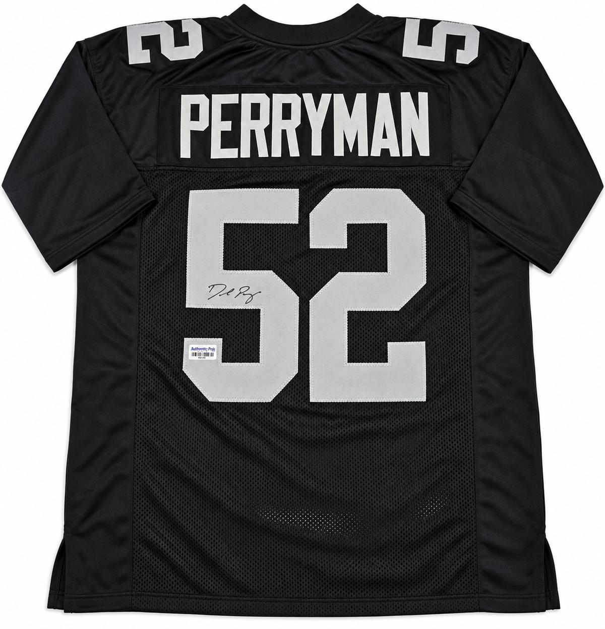 Back of Denzel Perryman autographed black Las Vegas Raiders-style number 52 football jersey with signature on number 5