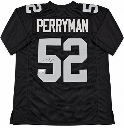 Back of Denzel Perryman autographed black Las Vegas Raiders-style number 52 football jersey with signature on number 5
