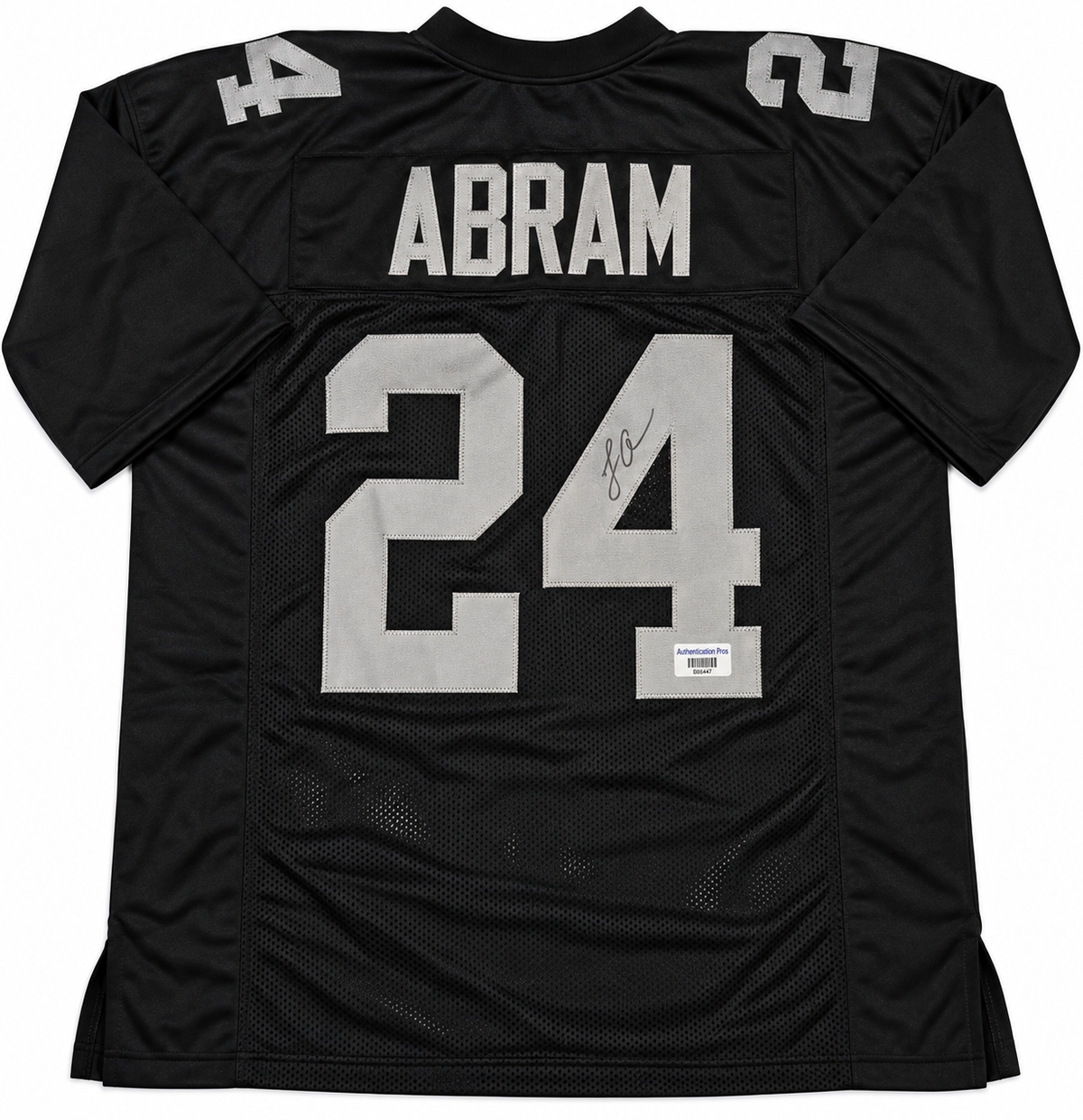 Back of Johnathan Abram signed black Raiders-style number 24 football jersey with autograph on number 4 and authentication sticker