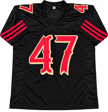 Front of Bryce Huff San Francisco 49ers black Rivalry-style football jersey number 47 size XL