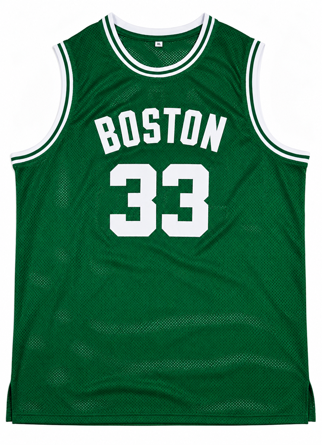 Front of Larry Bird green Boston Celtics-style basketball jersey with BOSTON lettering and white number 33, size XL