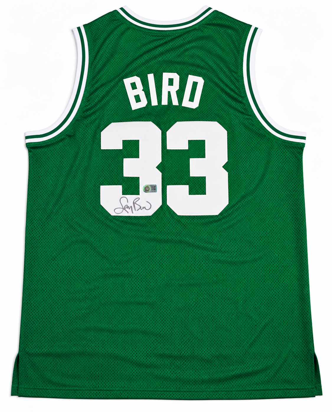 Back of Larry Bird autographed green Boston Celtics-style number 33 basketball jersey with signature on number 3 and authentication hologram