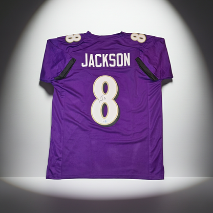 Lamar Jackson Baltimore Ravens signed custom football jersey, Global Authentics COA 974701 main photograph