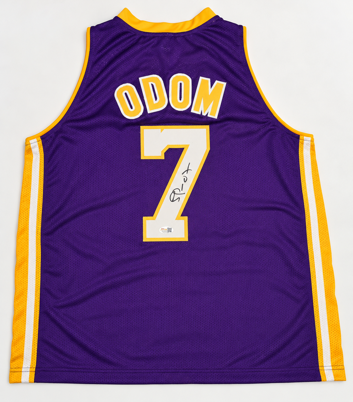 Lamar Odom autographed custom Los Angeles Lakers purple jersey, back with signed number 7 and JSA hologram