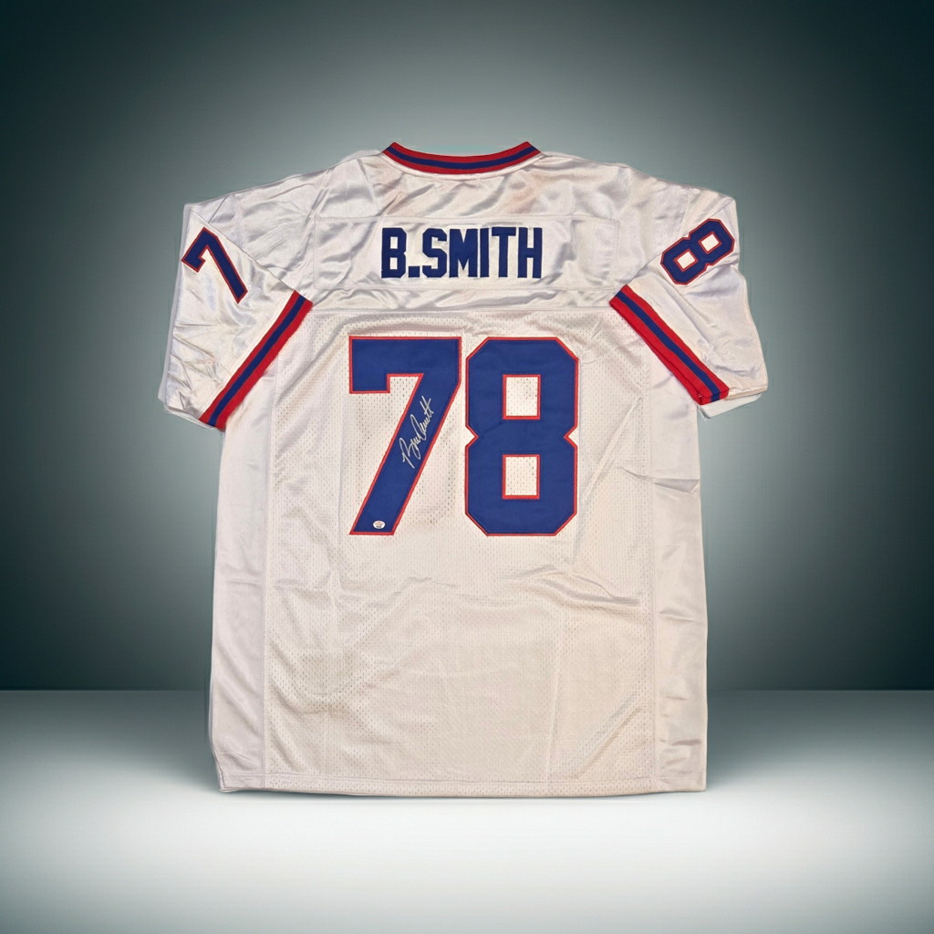 Bruce Smith of the Buffalo Bills autographed football jersey COA (XL)