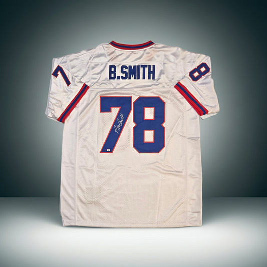 Bruce Smith of the Buffalo Bills autographed football jersey COA (XL)