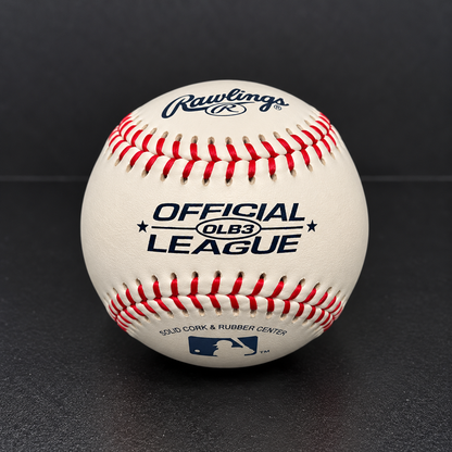 Reverse side of Rawlings Official OLB3 League baseball showing printed markings and red stitching