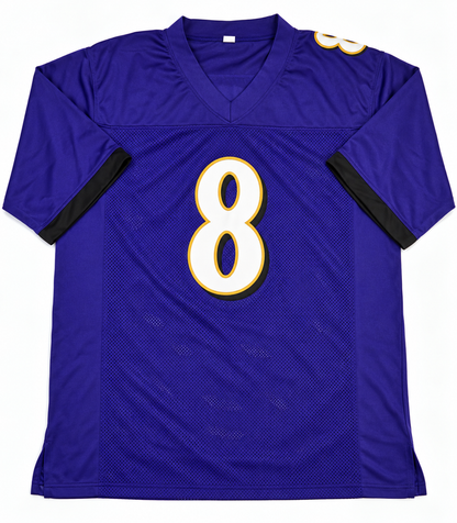 Front of purple Baltimore Ravens-style Lamar Jackson number 8 football jersey, size XL