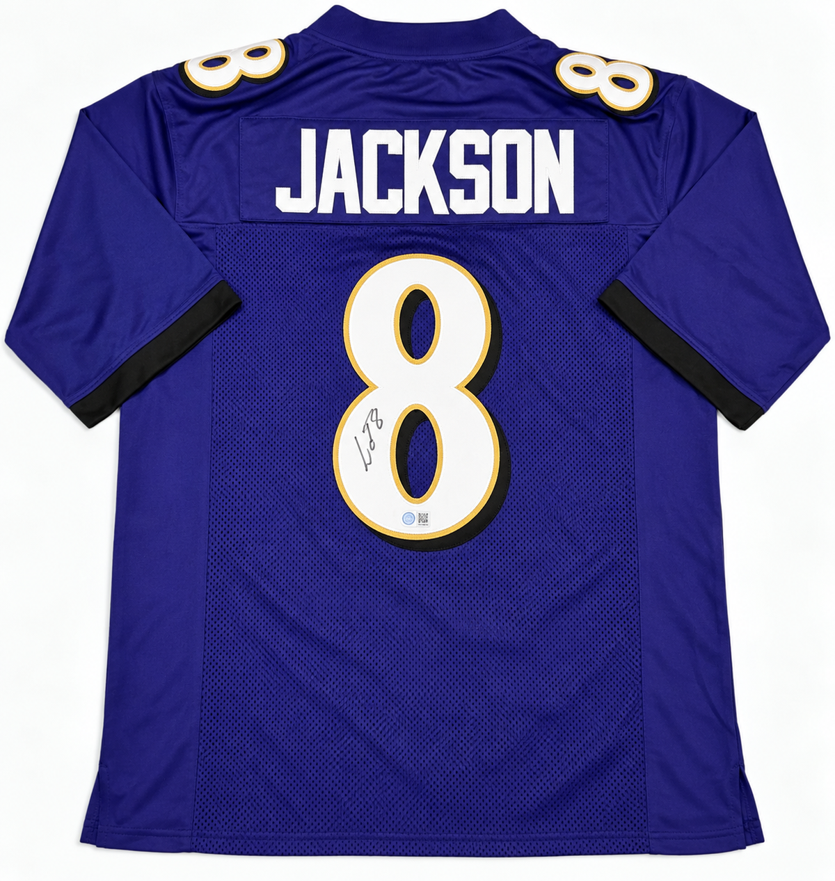 Back of Lamar Jackson autographed purple Baltimore Ravens-style number 8 jersey with signature and authentication hologram