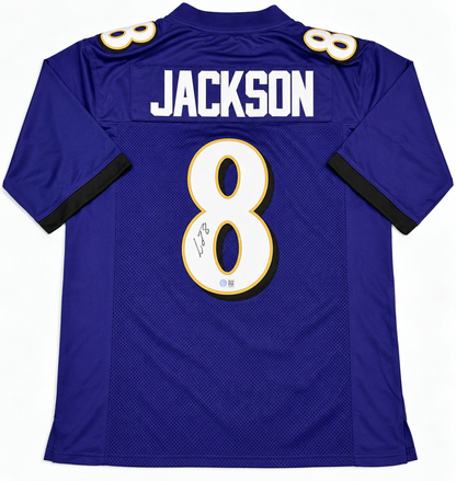 Back of Lamar Jackson autographed purple Baltimore Ravens-style number 8 jersey with signature and authentication hologram