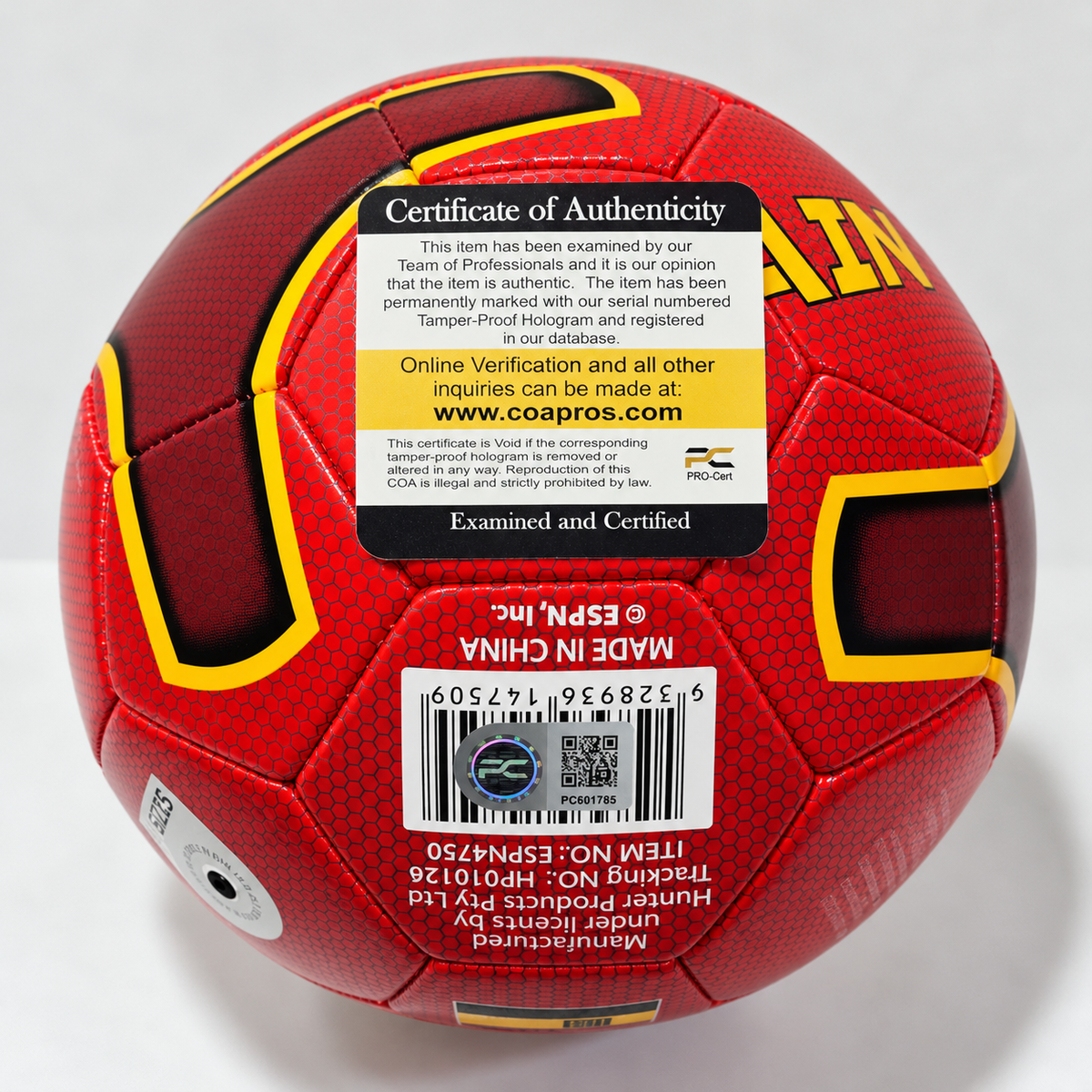 Andrés Iniesta signed Spain soccer ball with Pro-Cert certificate of authenticity and hologram PC601785