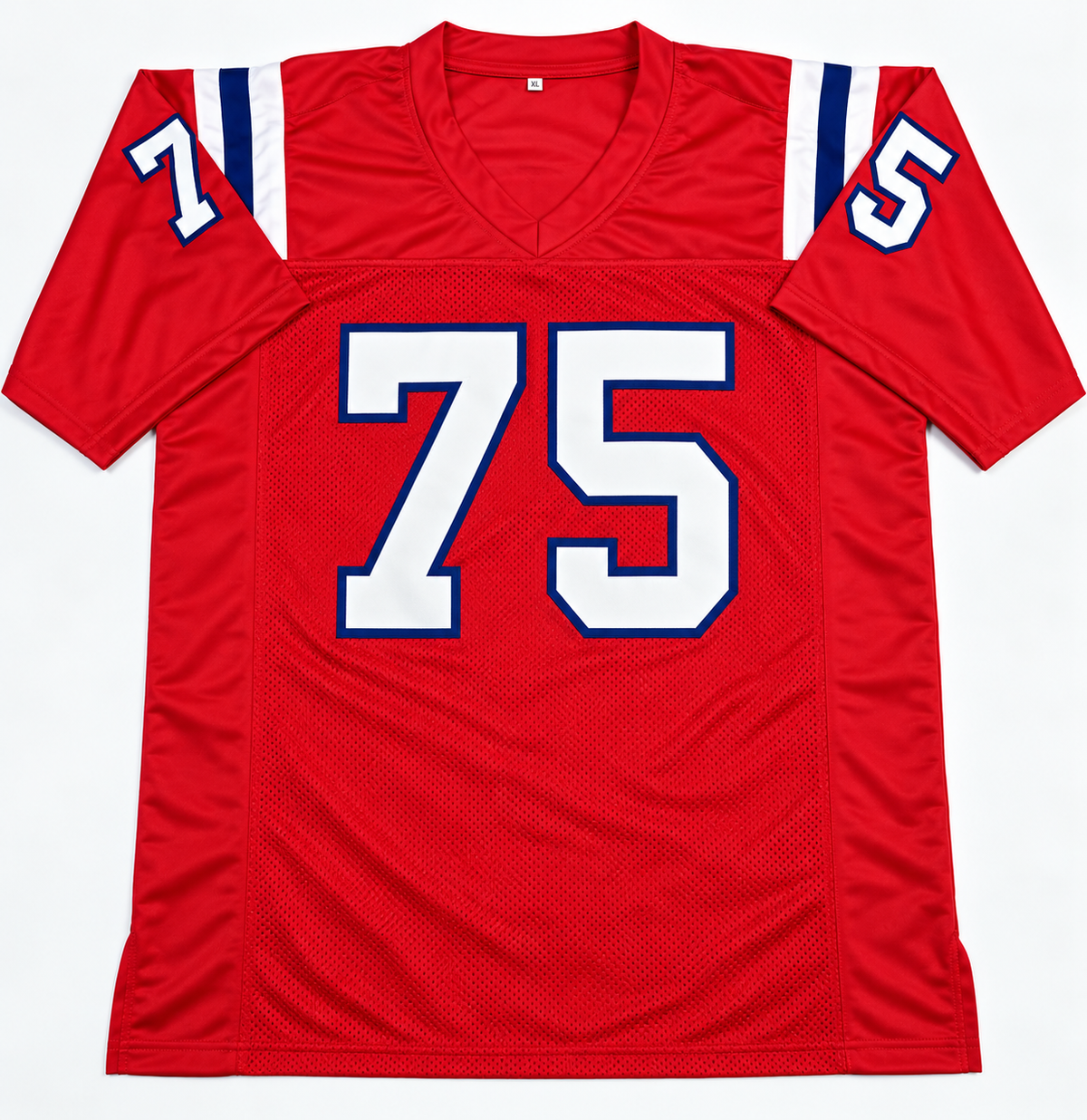 Front of Vince Wilfork red Patriots-style number 75 football jersey with white and navy shoulder stripes, size XL