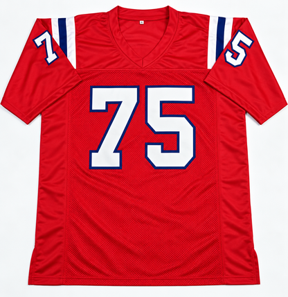 Front of Vince Wilfork red Patriots-style number 75 football jersey with white and navy shoulder stripes, size XL
