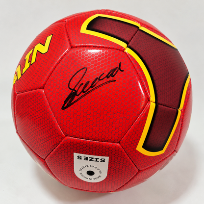 Andrés Iniesta autographed red Spain soccer ball with black signature, yellow graphics and size 5 label