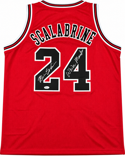 Back of Brian Scalabrine signed red Chicago Bulls number 24 jersey with White Mamba inscription and JSA Witnessed hologram
