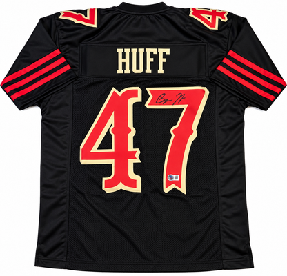Back of Bryce Huff autographed San Francisco 49ers black number 47 football jersey with signature and Beckett hologram