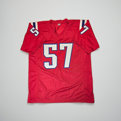 Front view of Steve Nelson New England Patriots autographed football jersey with JSA hologram