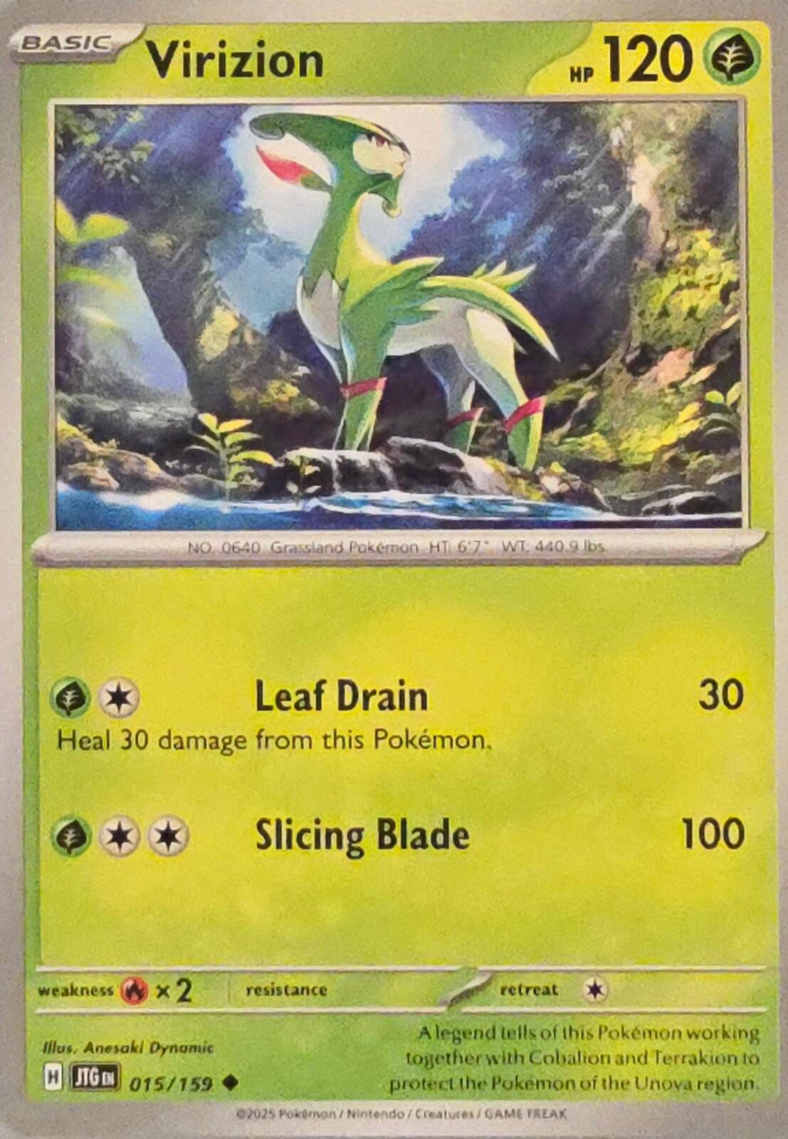 Virizion Pokémon trading card from Journey Together