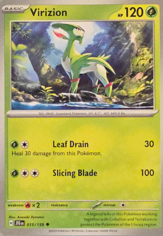 Virizion Pokémon trading card from Journey Together